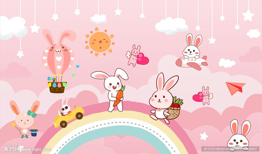 粉色儿童房兔子背景墙图片