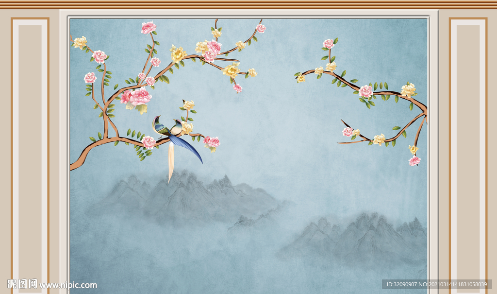 新中式手绘花鸟梅花山水背景墙
