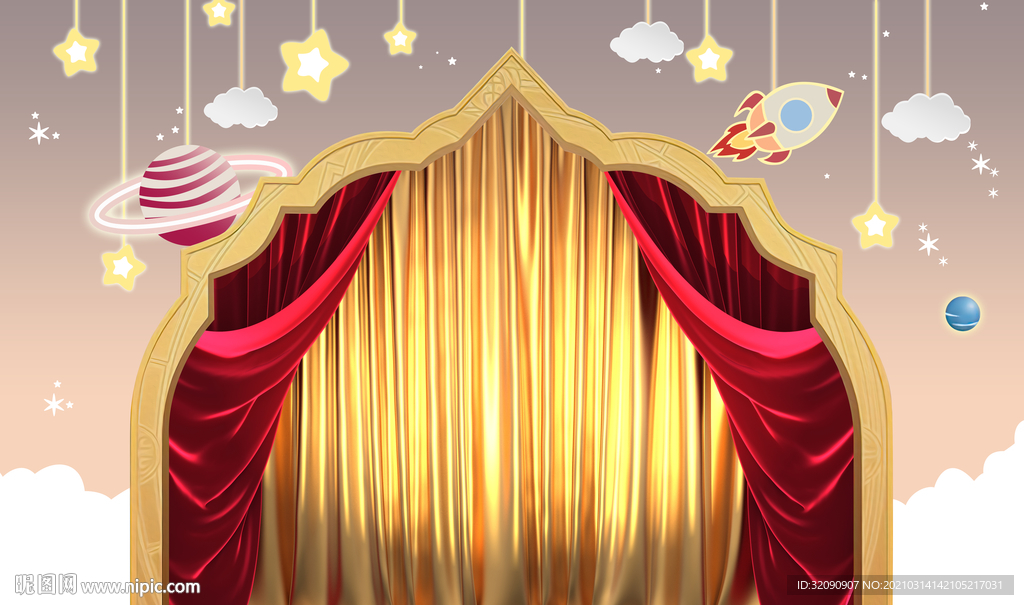 手绘火箭白云五角星窗帘背景墙