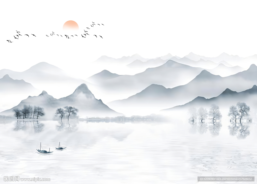 蓝色山水飞鸟抽象树背景墙