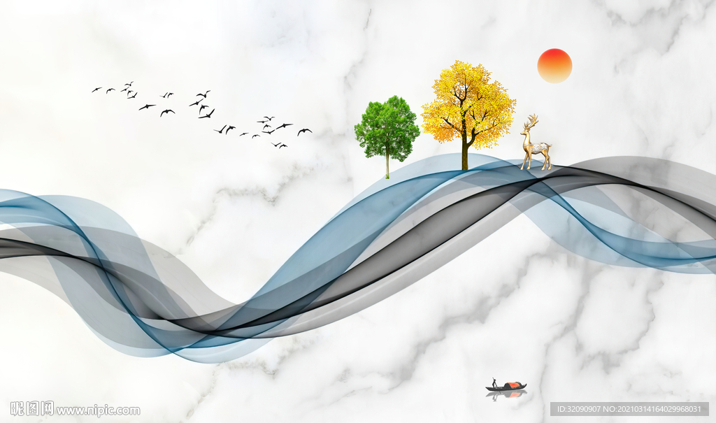 大理石小鹿烟雾线条背景墙