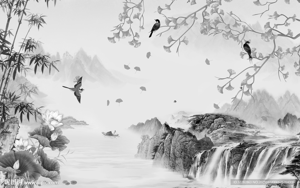 爆款客厅背景山水  文件分层