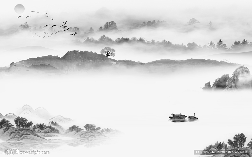 客厅中式背景山水  文件分层