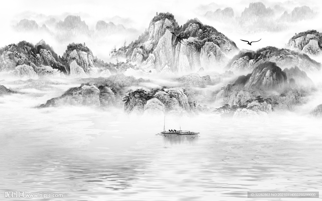 国画客厅背景山水  文件分层