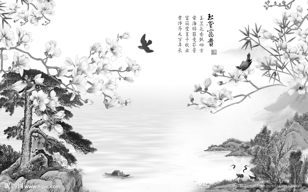 花鸟中式背景山水  文件分层