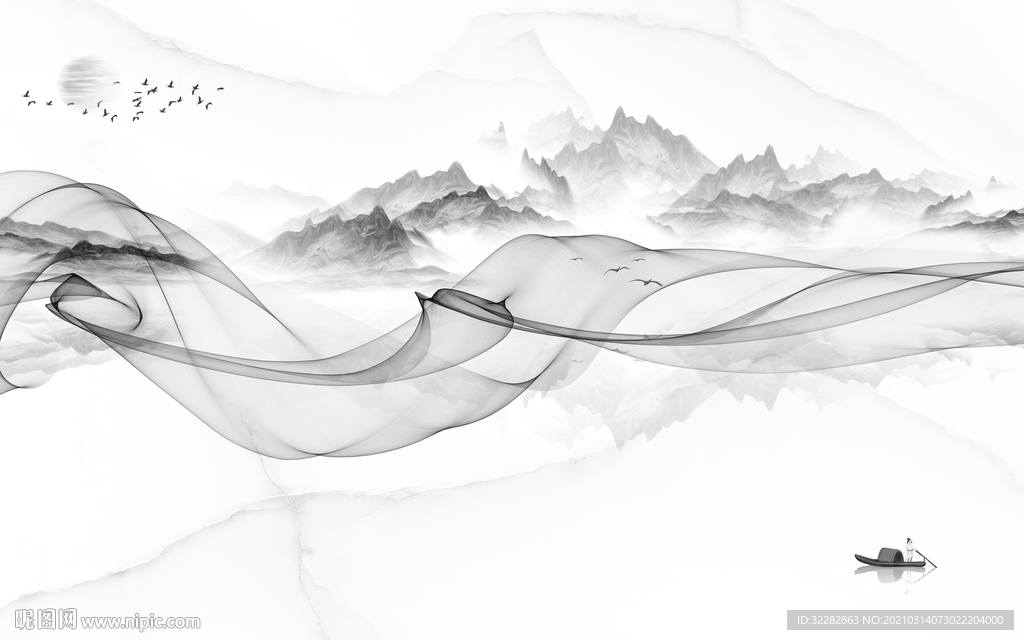 客厅背景山水墙画 文件分层