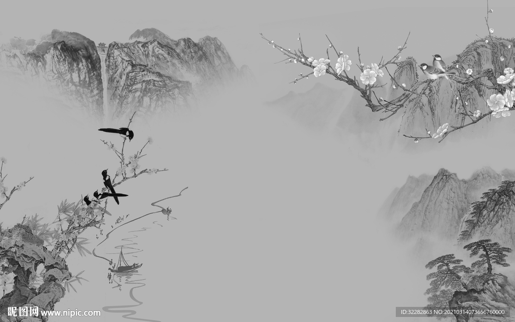 新款背景山水墙画 文件分层