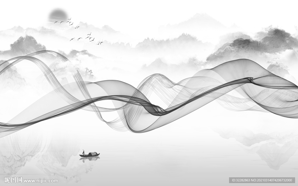 高雅背景山水墙画 文件分层