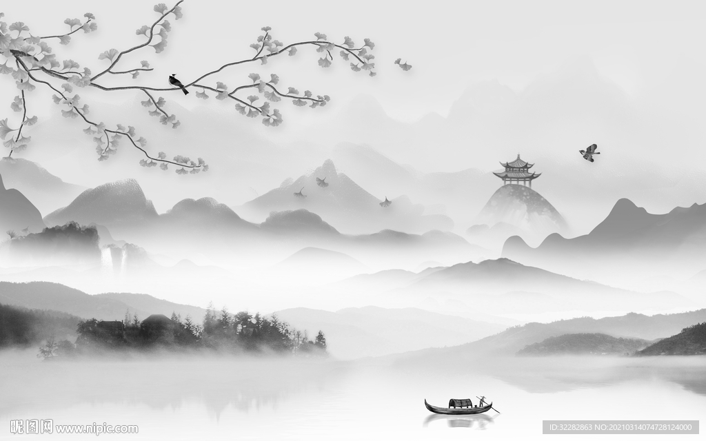 花鸟背景山水墙画 文件分层