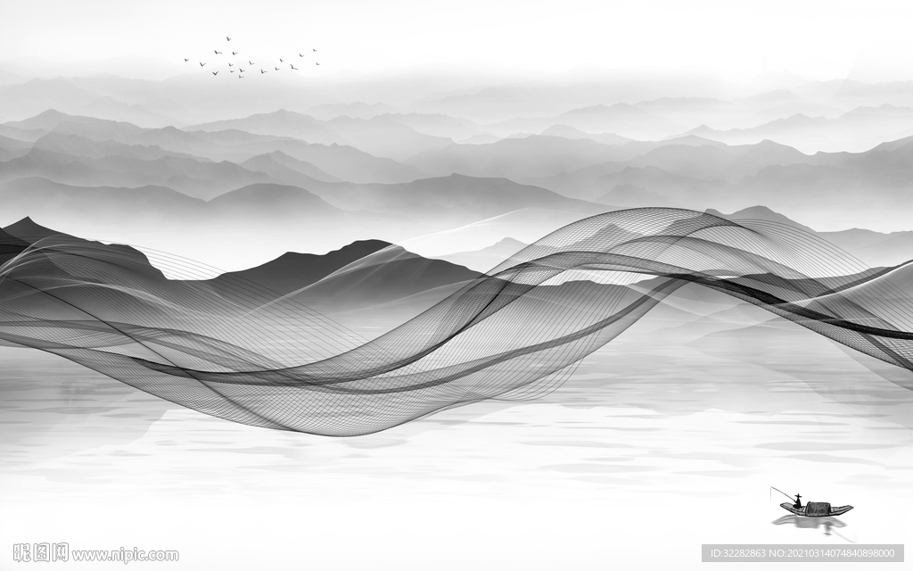 线条背景山水墙画 文件分层