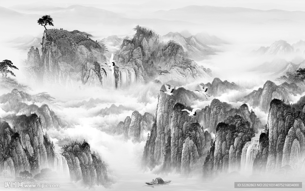 中式背景山水墙画 文件分层