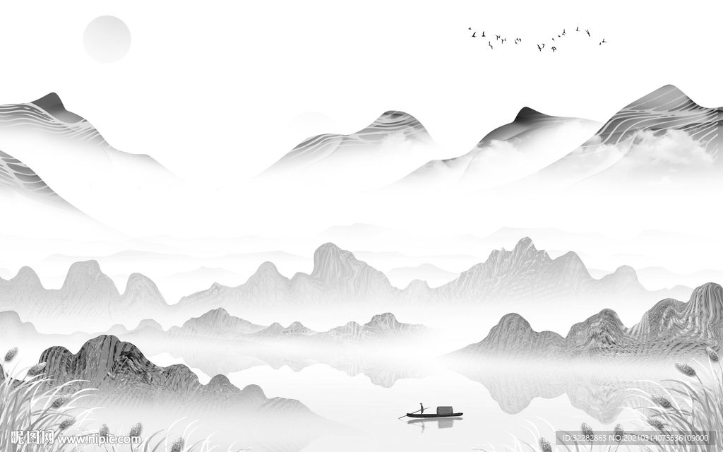 新中式背景山水墙画 文件分层