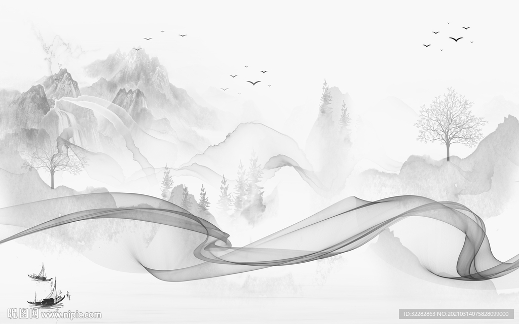 人气背景山水墙画 文件分层