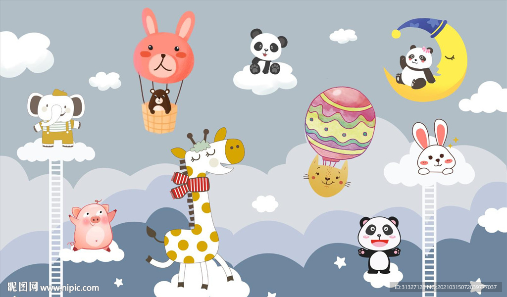 可爱卡通动物汽球儿童房背景墙图