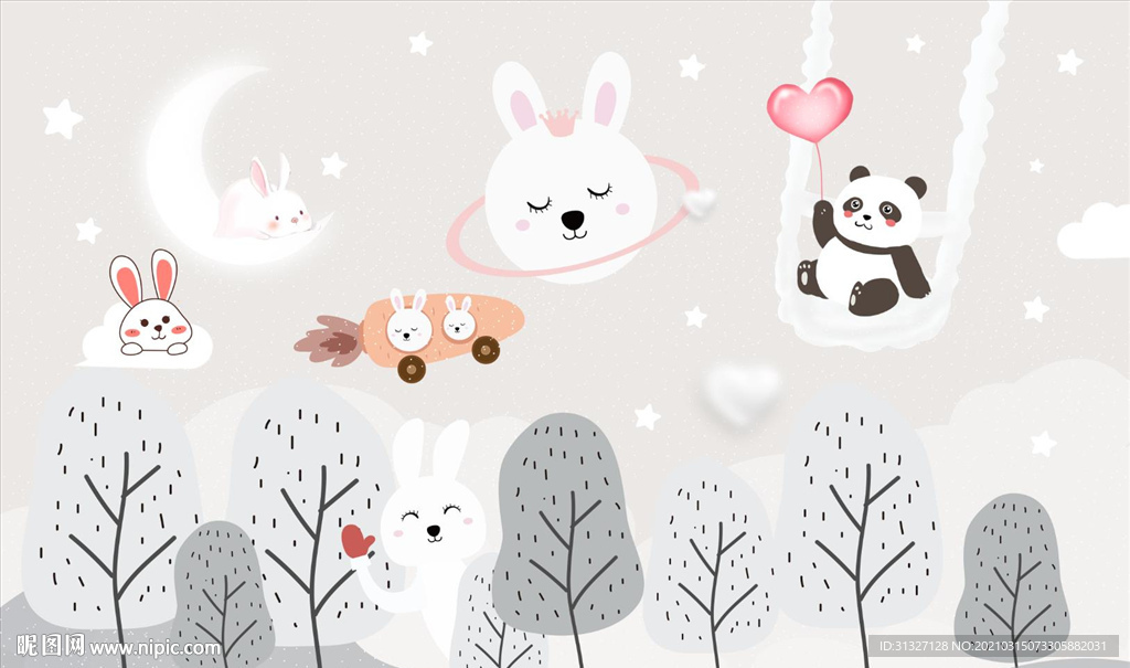 北欧手绘梦幻儿童背景墙