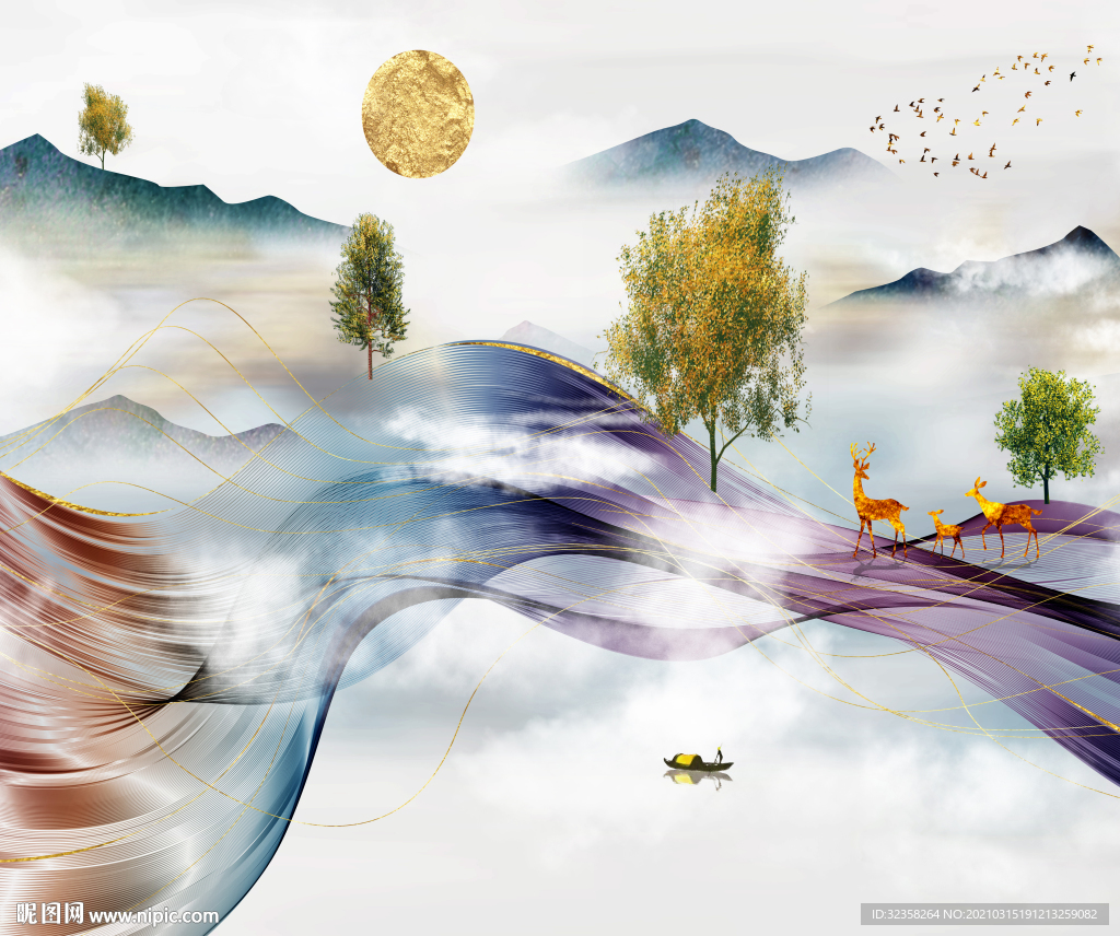 麋鹿山水装饰画