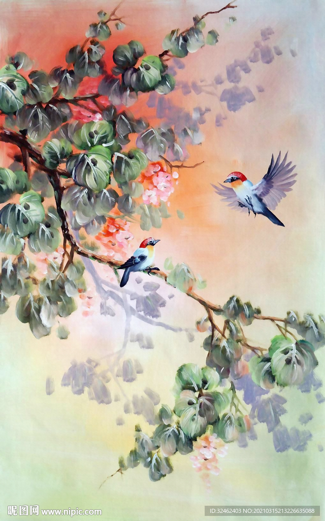 水墨手绘花鸟画玄关
