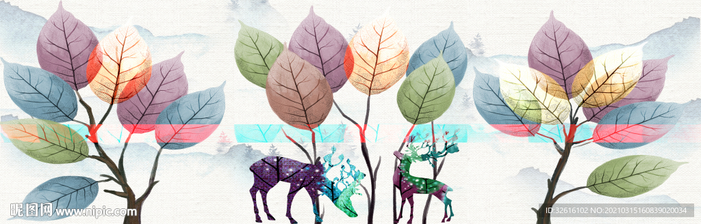 麋鹿树叶三联画