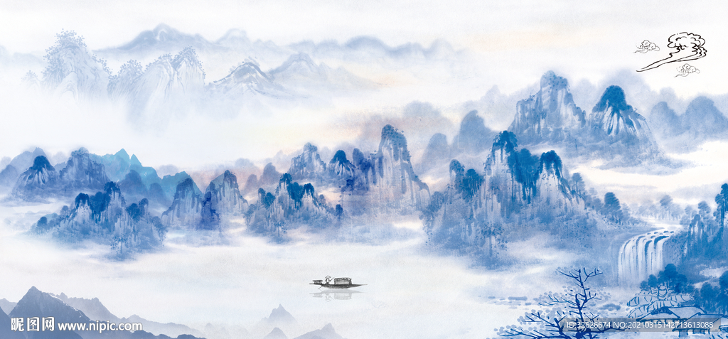 蓝色中国风水墨山水画
