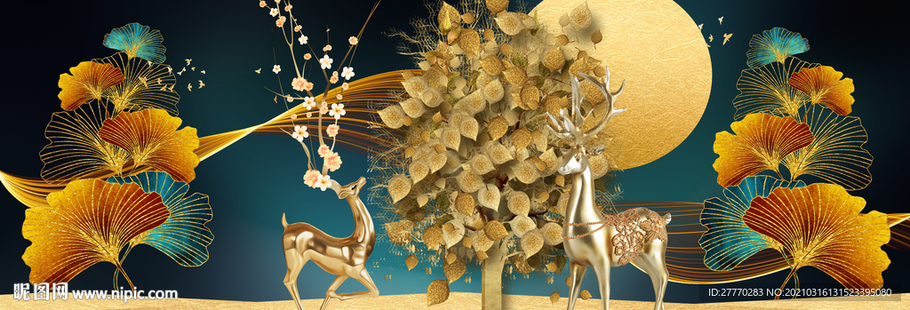 麋鹿发财树三联画