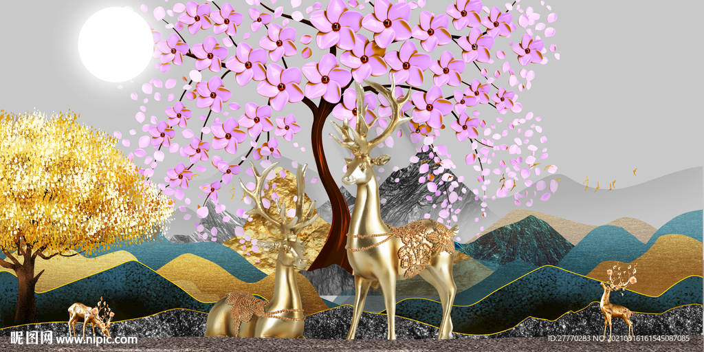 麋鹿发财树装饰画