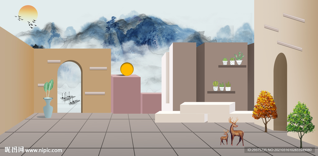 山水莫兰迪背景墙