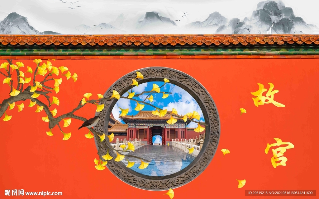 故宫红意境花鸟背景墙图片