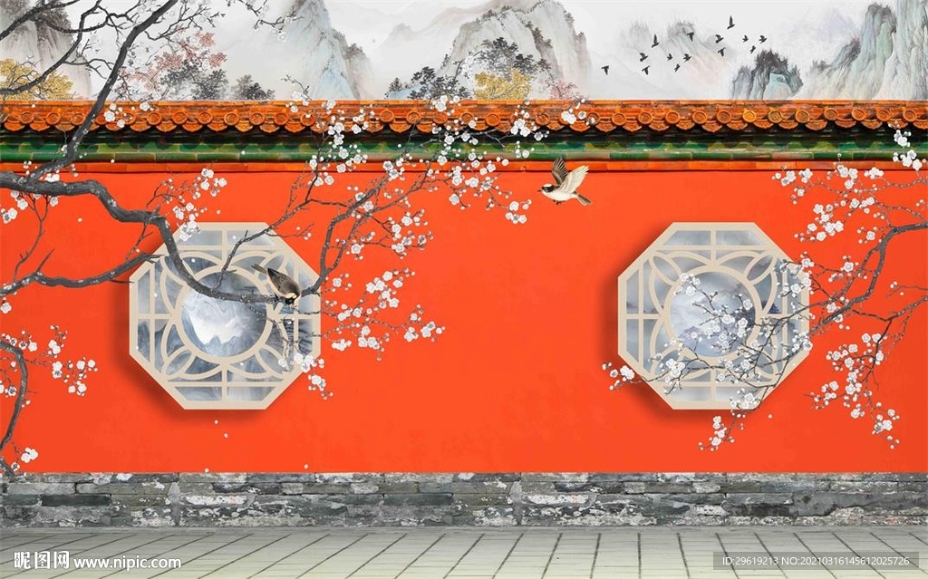 故宫红意境花鸟背景墙图片