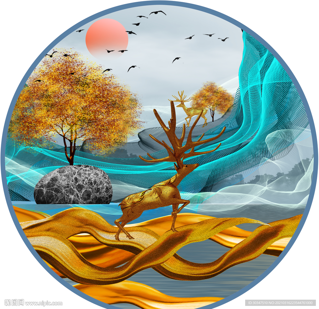 新中式轻奢发财树发财鹿装饰画