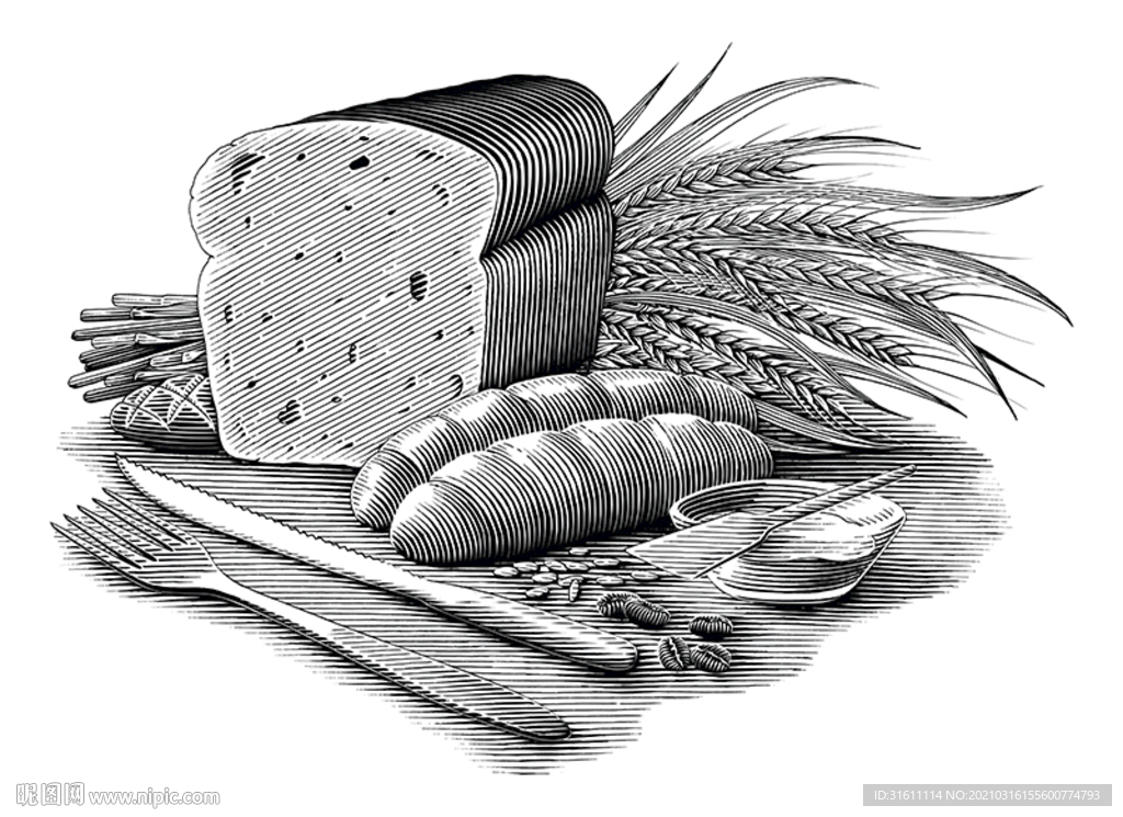 面包小麦面粉西餐刀叉手绘素描