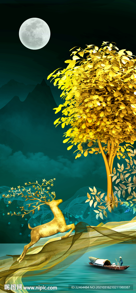 玄关麋鹿发财树装饰画