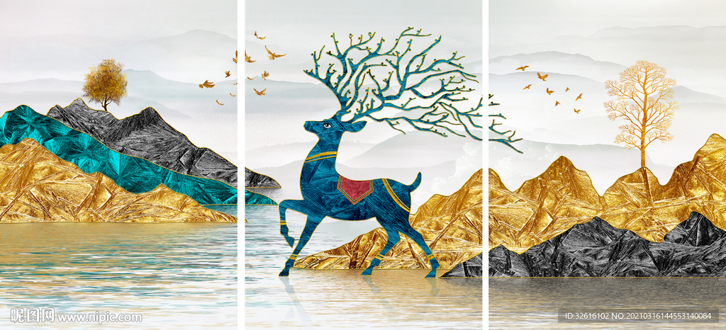 麋鹿装饰画三联画玄关