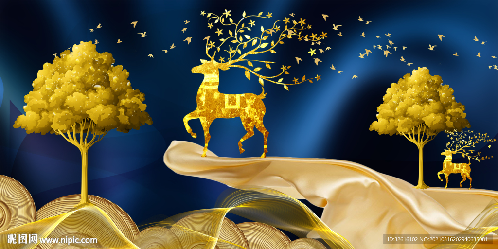 金色麋鹿晶瓷画玄关