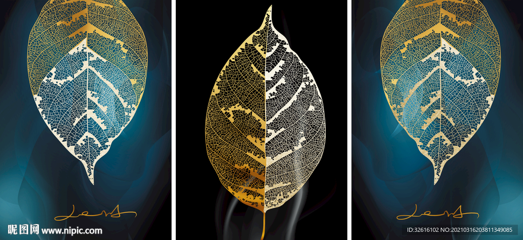 金色树叶三联画玄关