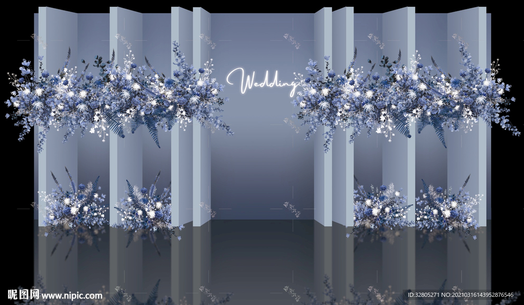 莫兰迪蓝色婚礼背景设计效果图