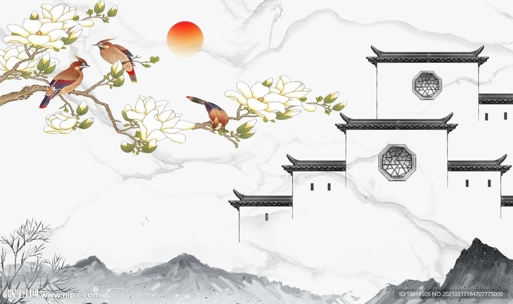 白玉兰画眉新中式客厅大理石背景