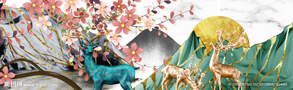 浮雕麋鹿发财树山水画