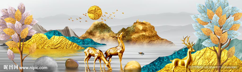 浮雕麋鹿发财树装饰画