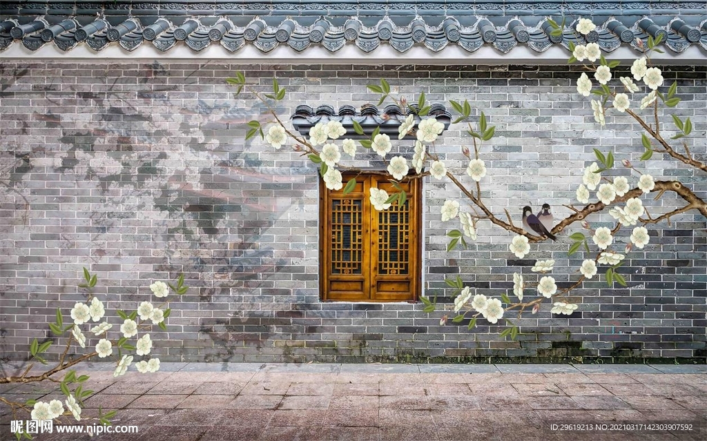 新中式复古砖墙意境玉兰花鸟背图