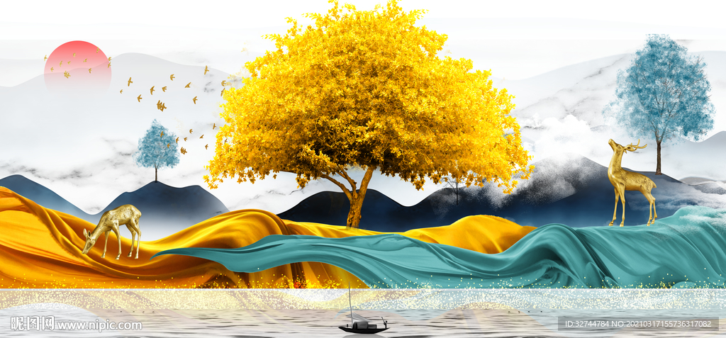 麋鹿山水晶瓷画
