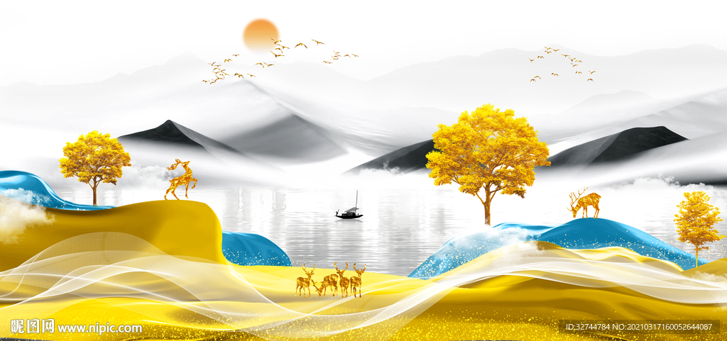 麋鹿山水晶瓷画