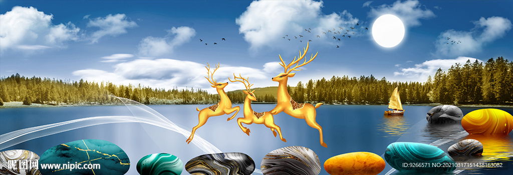 石来运转麋鹿山水画晶瓷画装饰画