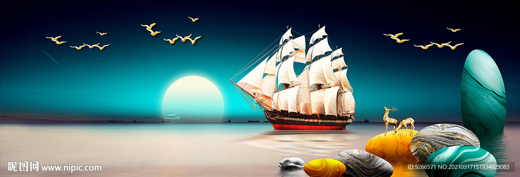 石来运转麋鹿山水画晶瓷画装饰画