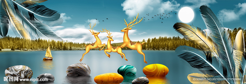 石来运转麋鹿山水画晶瓷画装饰画