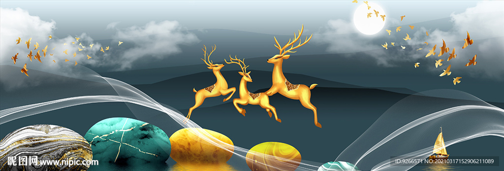 石来运转麋鹿山水画晶瓷画装饰画