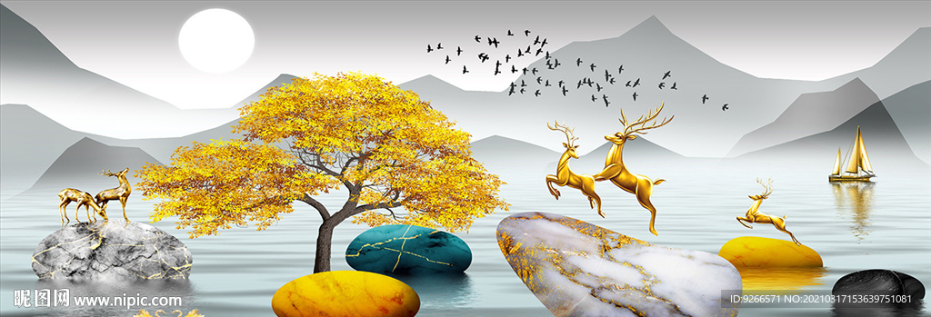 石来运转麋鹿山水画晶瓷画装饰画