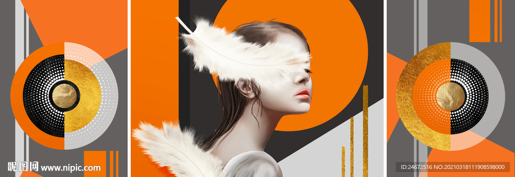 爱马仕橙美女羽毛装饰画