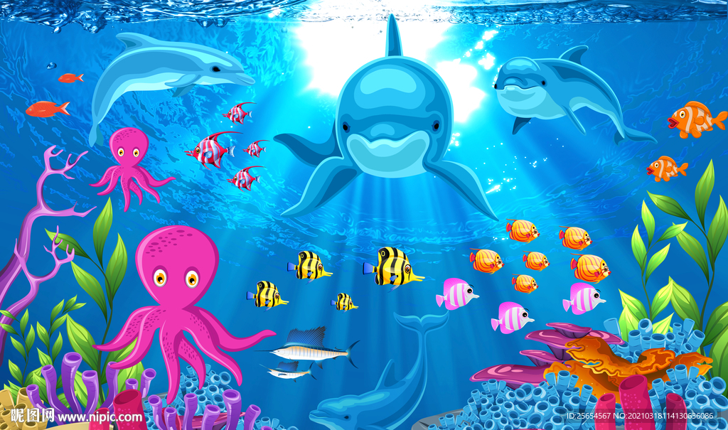 水下世界3D立体卡通海底背景墙