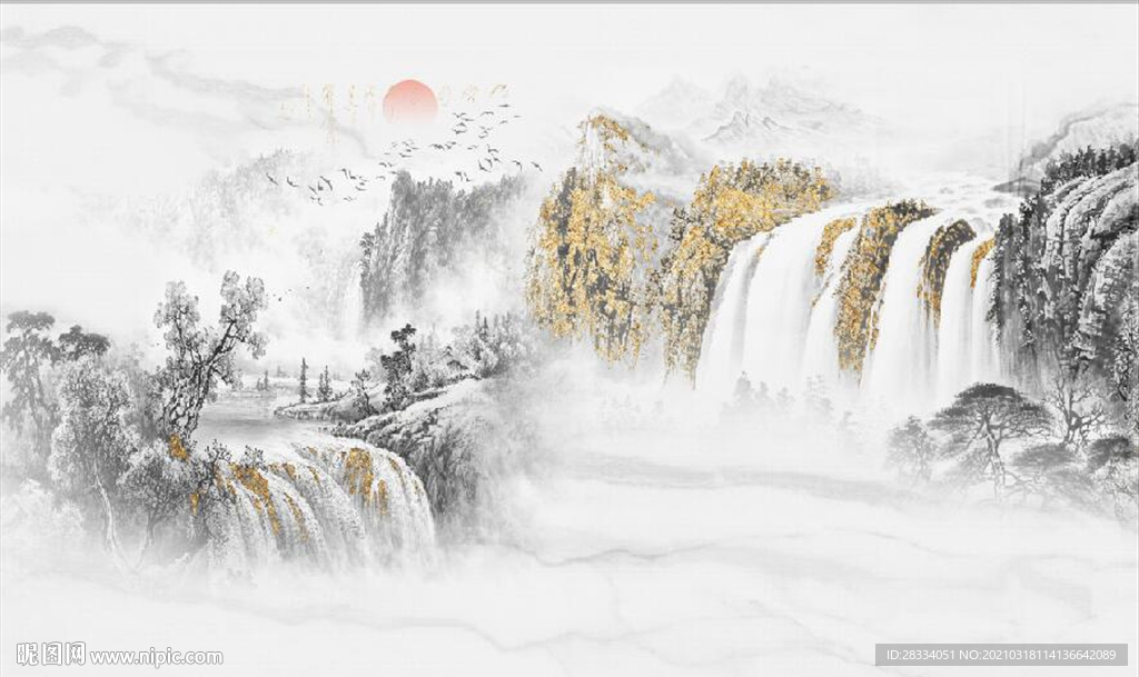 新中式大理石金色水墨山水背景墙