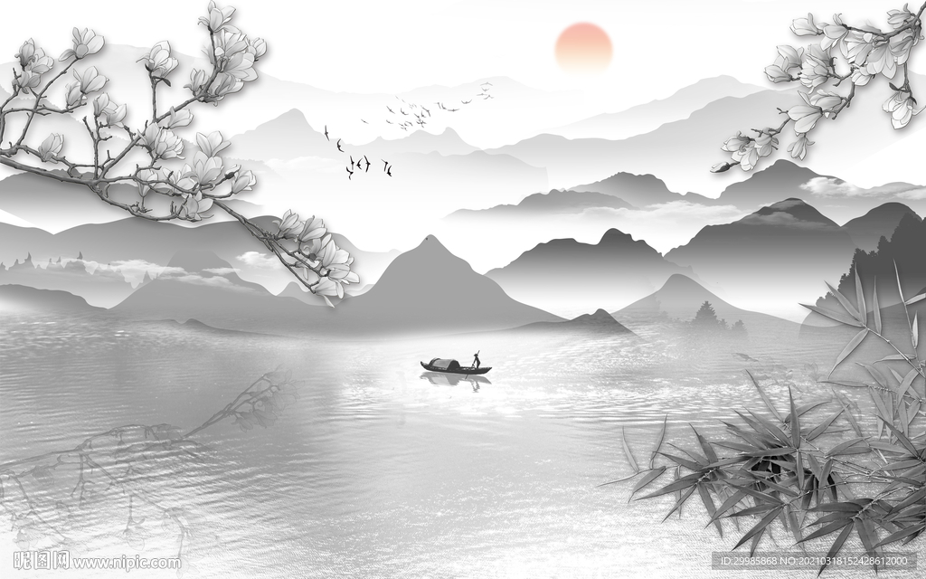 新中式灰色山水新画 tif分层